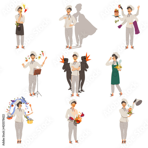 Young Man and Woman Chef Master Cooking Food and Preparing Dishes of Haute Cuisine Vector Illustration Set