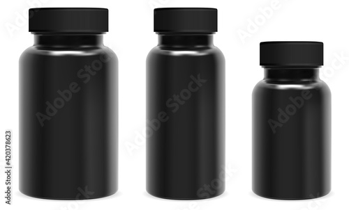 Black capsule bottle. Pill jar mockup, medicine container plastic package. Supplement bottle blank design, medical tablet screw packaging template. Health sport template