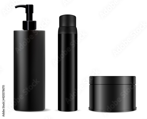 Black cosmetic bottle mockup. Shampoo, spray package. Cream jar, men gel black plastic blank. Beauty product realistic illustration template collection. Liquid soap dispenser bottle