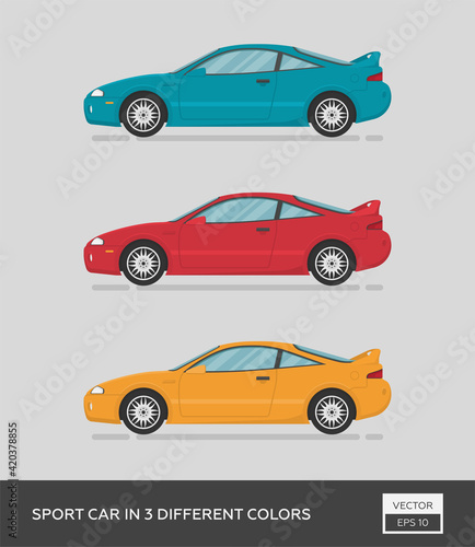 Urban vehicle. Sport car in 3 different colors. Cartoon flat illustration  auto for graphic and web design.