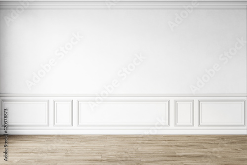 Classic white empty interior with wall panels, moldings and wooden floor. 3d render illustration mockup.
