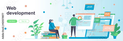 Web development landing page with people characters. Software engineering web banner. Full stack web development company vector illustration. Flat concept great for social media promotional materials.