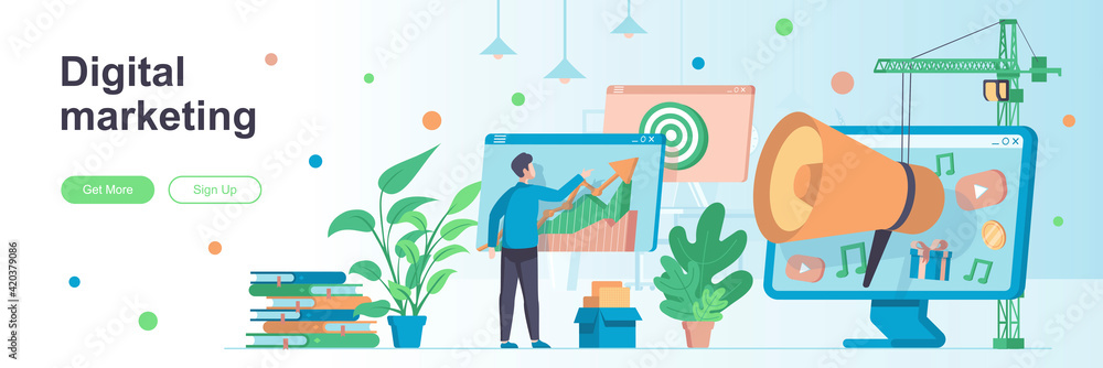 Fototapeta premium Digital marketing landing page with people. Social media and web content promotion web banner. SMM and SEO technology vector illustration. Flat concept great for social media promotional materials.