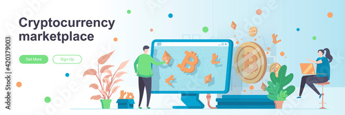 Cryptocurrency marketplace landing page with people. Blockchain technology web banner. Cryptocurrency trading platform vector illustration. Flat concept great for social media promotional materials.