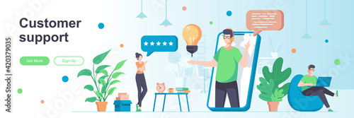 Customer support landing page with people characters. Online customer assistance service web banner. Call center operator vector illustration. Flat concept great for social media promotional materials