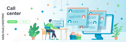 Call center landing page with people characters. Online hotline and helpdesk web banner. Customer assistance service vector illustration. Flat concept great for social media promotional materials.