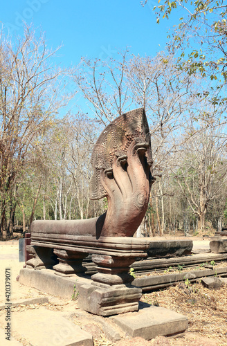 Statues of multi-headed serpents or nagas in Koh Ker complex, Cambodia photo