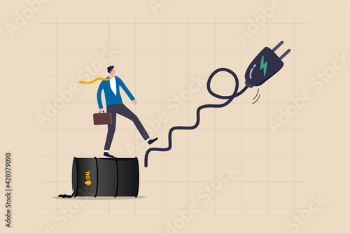 World transition from fossil oil energy to clean electric power, combustion car to EV concept, businessman investor or car owner step from oil gallon to stair case made of electric charger.