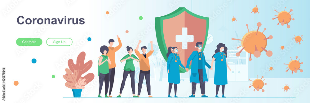 Coronavirus landing page with people characters. COVID-19 infection prevention and control web banner. Coronavirus disease vector illustration. Flat concept great for social media promotional material Coronavirus landing page with people characters. COVID-19 infection prevention and control web banner. Coronavirus disease vector illustration. Flat concept great for social media promotional material