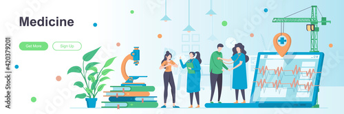 Medicine landing page with people characters. Online consultation, diagnosis and treatment web banner. Medical service vector illustration. Flat concept great for social media promotional materials.