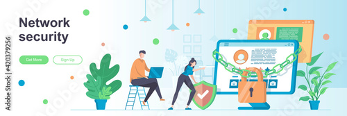 Network security landing page with people characters. Online server protection system web banner. Personal data security vector illustration. Flat concept great for social media promotional materials.