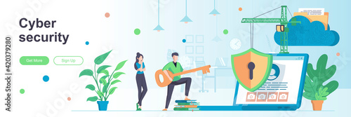 Cyber security landing page with people characters. Cybersecurity assistance provider web banner. Password verification vector illustration. Flat concept great for social media promotional materials.