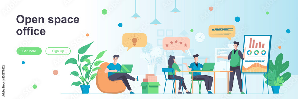 Open space office landing page with people characters. Business team collaboration space web banner. Coworking area vector illustration. Flat concept great for social media promotional materials.