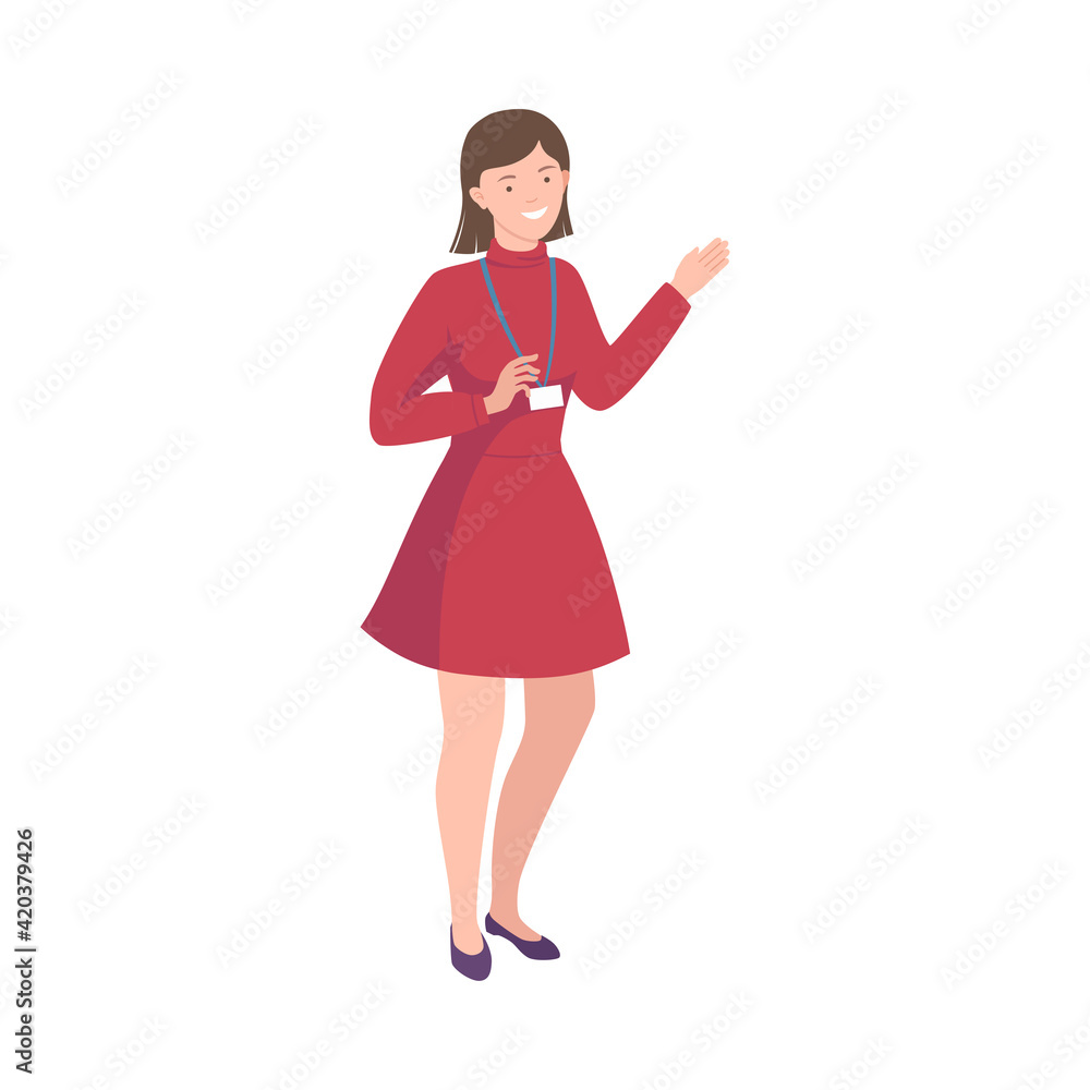 Young Woman as Tour Guide with Hanging Name Badge Vector Illustration Young Woman as Tour Guide with Hanging Name Badge Vector Illustration