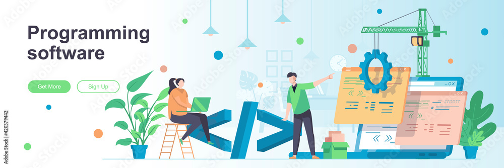 Programming software landing page with people characters. Programs development web banner. Software engineering company vector illustration. Flat concept great for social media promotional materials.