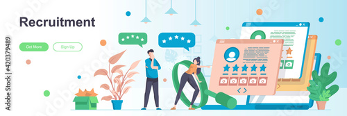 Recruitment landing page with people characters. Headhunting agency, study candidates web banner. Staffing and recruiting vector illustration. Flat concept great for social media promotional materials