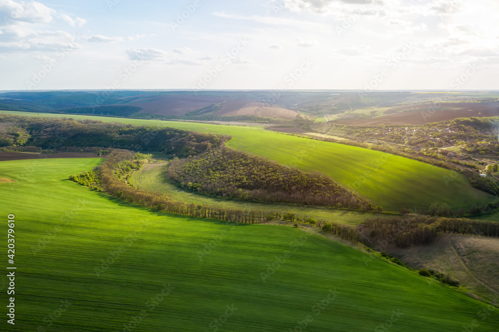 Aerial view of beautiful countryside with green rolling field in golden hour before sunset