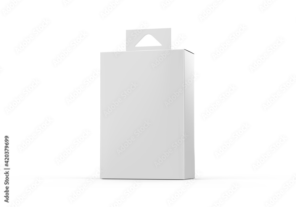 Blank paper box packaging with hang tab, mockup template on isolated white background, ready for design presentation, 3d illustration Blank paper box packaging with hang tab, mockup template on isolated white background, ready for design presentation, 3d illustration