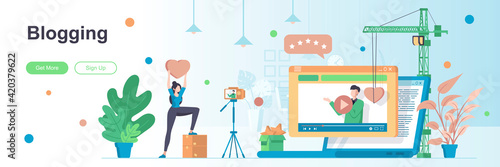 Blogging landing page with people characters. Social media content production web banner. Vlogging and online streaming vector illustration. Flat concept great for social media promotional materials.