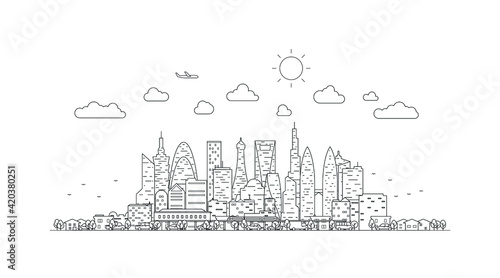 Thin line City landscape. Downtown landscape with high skyscrapers. Panorama architecture buildings Isolate. Urban life Vector illustration.