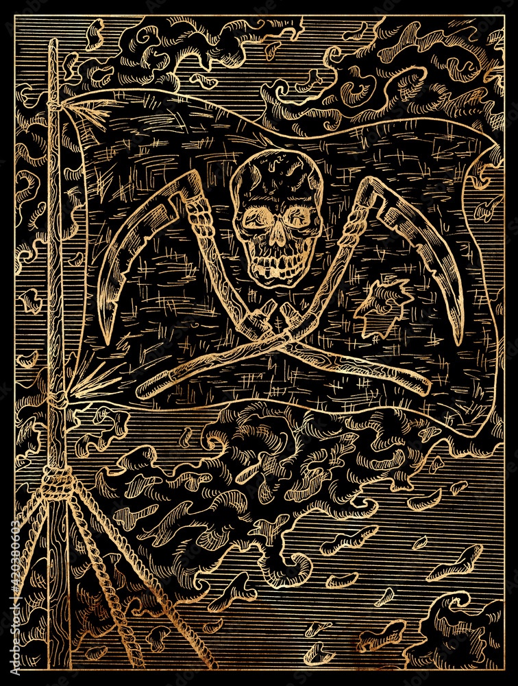 Black and gold marine illustration with the Jolly Rodger pirate flag with skull and scythe hanging on ship mast.