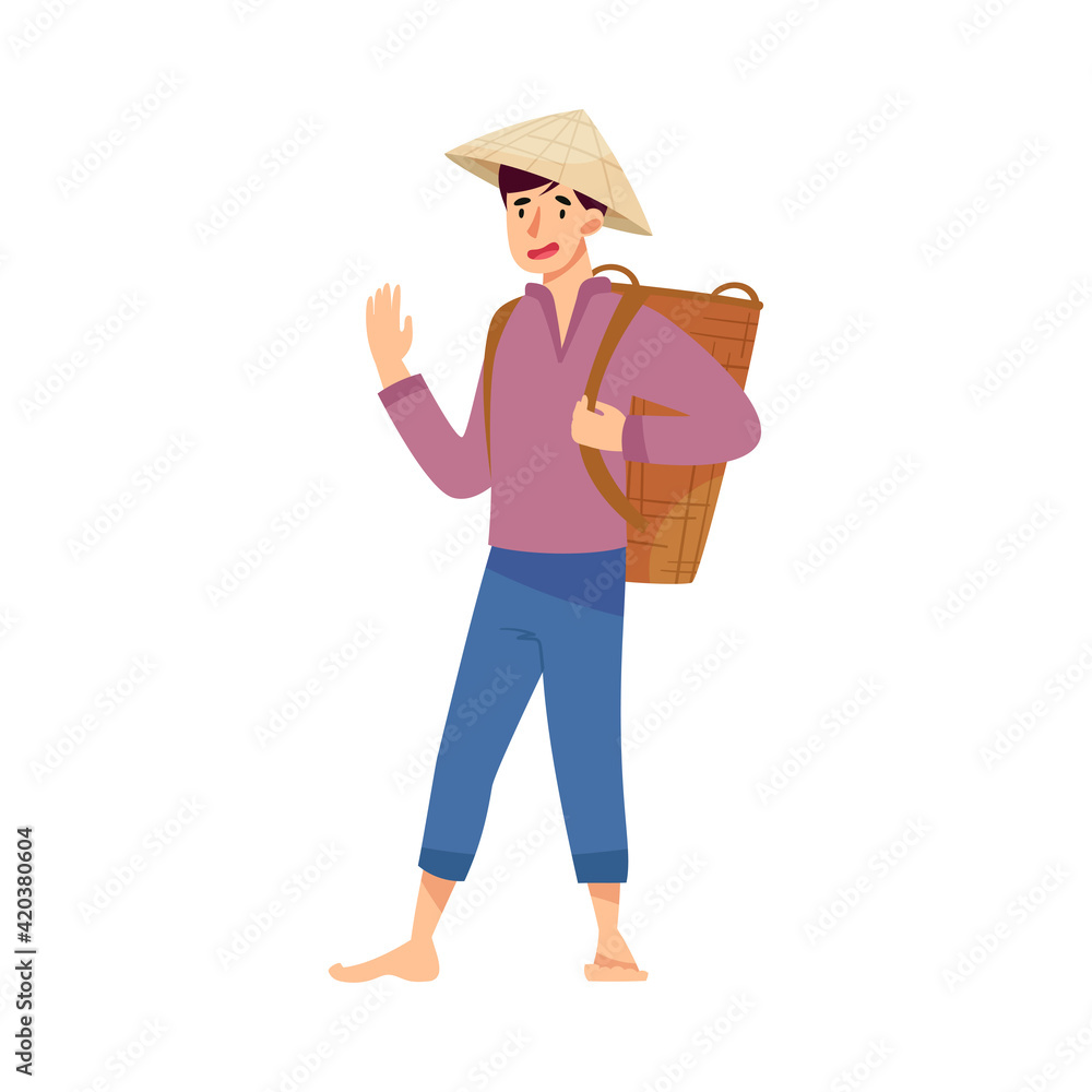 Vietnamese Man Farmer in Straw Conical Hat Carrying Wicker Basket on His Back and Waving Hand Vector Illustration
