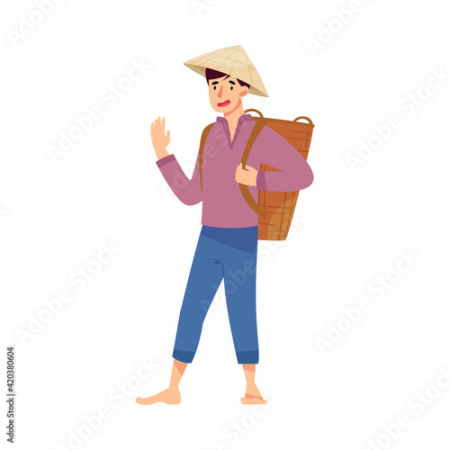 Vietnamese Man Farmer in Straw Conical Hat Carrying Wicker Basket on His Back and Waving Hand Vector Illustration