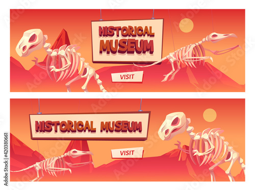 Historical museum cartoon web banner with dinosaur