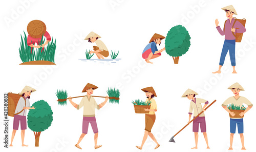 Vietnamese Farmer in Straw Conical Hat Cultivating Soil and Growing Crops and Plants Vector Illustration Set