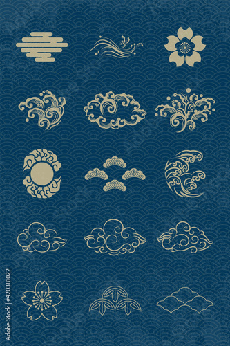 Abstract Art Japanese Gold Icon Design Curvy and Horizontal Cloud, Sun,  Windy line, Sakura, Water Splash, Bush, Torrential Wave, Leave Icon on Wave Repeat Pattern Deep Blue Background Vector