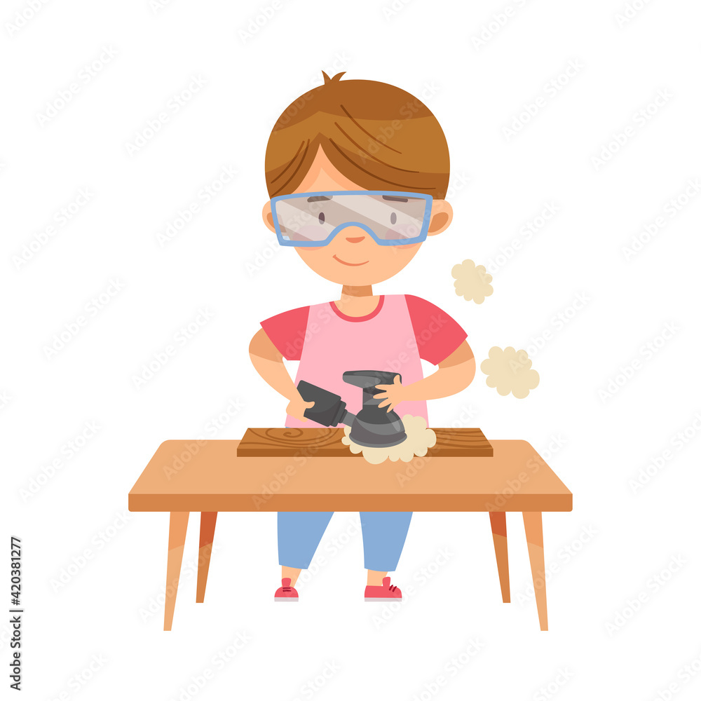 Little Boy in Protective Goggles at Table Woodworking Smoothing and Polishing Timber Surface Vector Illustration Little Boy in Protective Goggles at Table Woodworking Smoothing and Polishing Timber Surface Vector Illustration