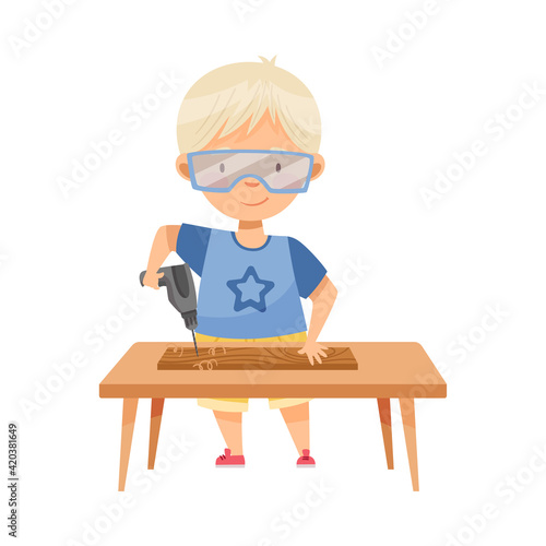 Blond Boy in Protective Goggles Standing at Table Woodworking Drilling Timber Plank Vector Illustration