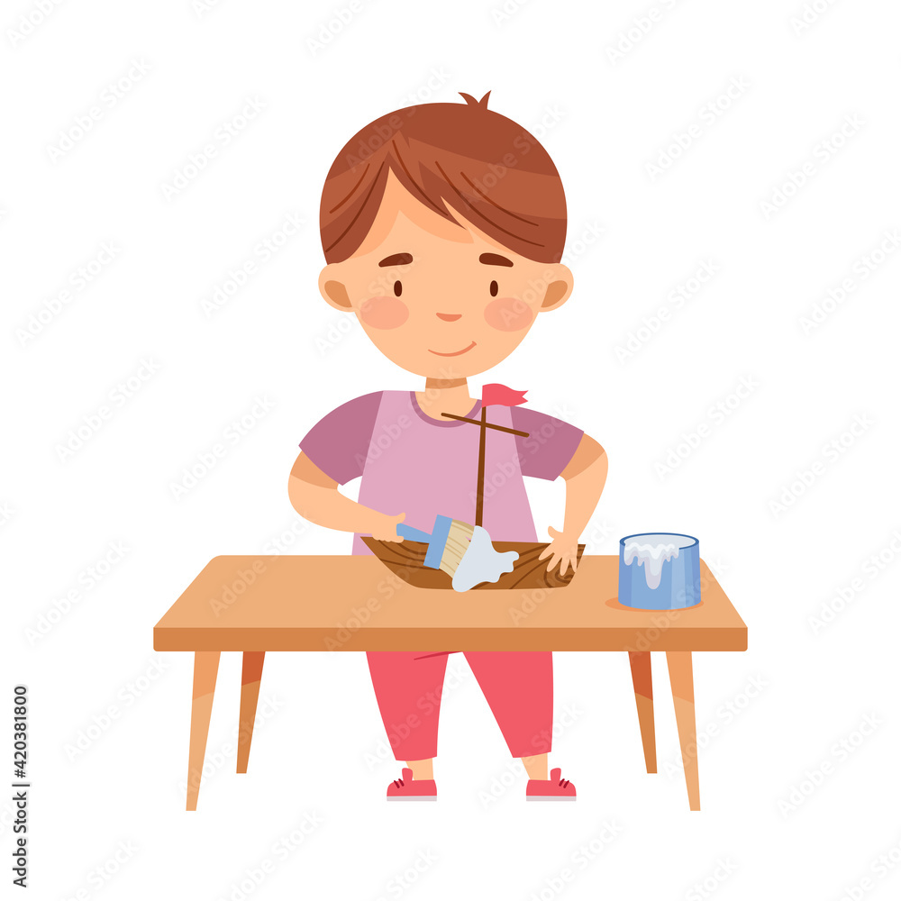 Pretty Boy Standing at Table Woodworking Coating Wooden Toy Boat with Paint Vector Illustration Pretty Boy Standing at Table Woodworking Coating Wooden Toy Boat with Paint Vector Illustration