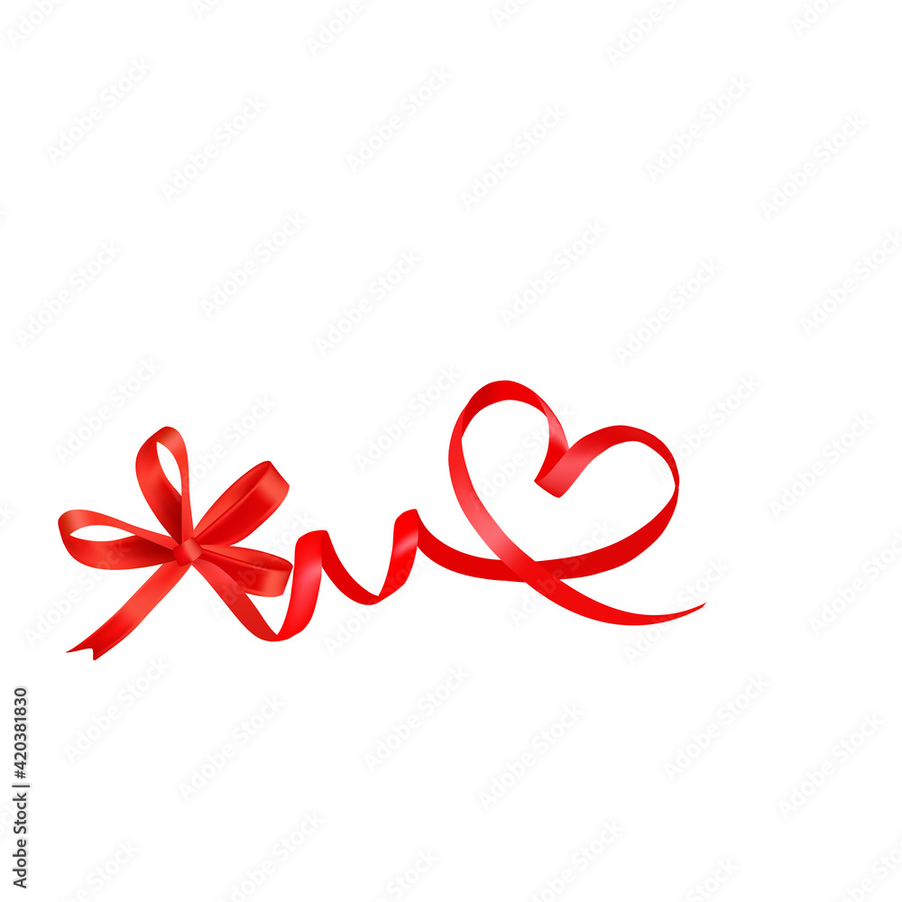 Red gift ribbon with bow and heart shape on white background Red gift ribbon with bow and heart shape on white background