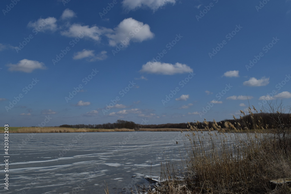 Winter landscape. Whimsical ice patterns. The frozen river.