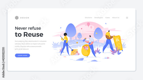 Garbage collection for eco recycling home page template. People sweep trash into bags and containers take it for conversion reuse.