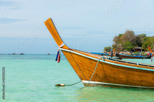 Koh Lipe has a long-tailed boat moored at the island of Satun Province  the sea of       Thailand.