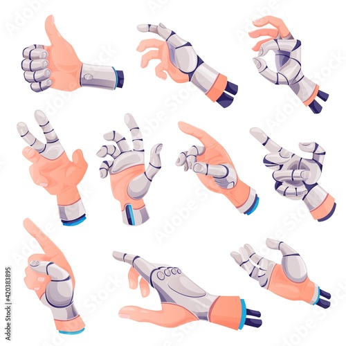 Human hands with fingers robotic prosthesis set
