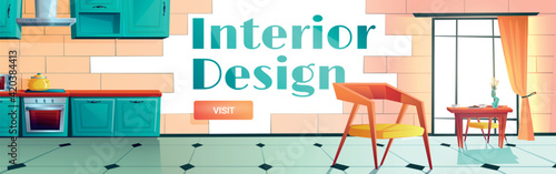 Interior design cartoon web banner. Home kitchen