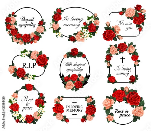 Funeral vector frames with mourning flowers set