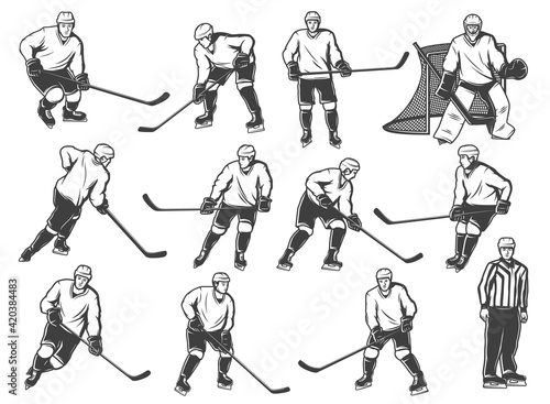 Ice hokey players icon, sport team playing on rink
