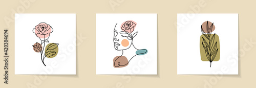 Set of Woman Face and flowers continuous Line art