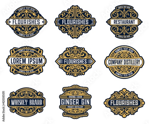 Alcohol drinks brand, beverage retro labels set
