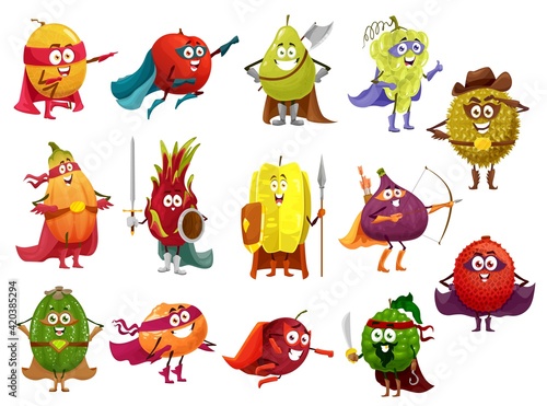 Cartoon fruits, superhero, pirate, cowboy, knight