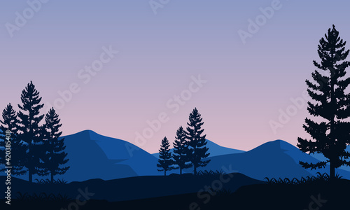 An aesthetic view of the silhouetted mountains and cypress trees from out of the city. Vector illustration