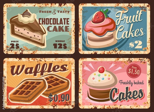 Pastry, confectionery sweets rusty plates set