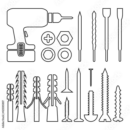 Construction tools and a set of fasteners. Set of screwdrivers and self-tapping screws. Items for construction and carpentry. Vector illustration isolated on a white background for design and web.