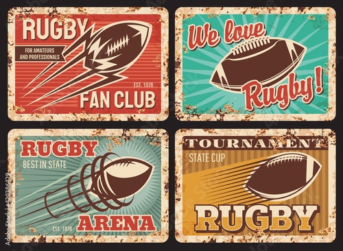 Rugby rusty metal plates, vector vintage cards