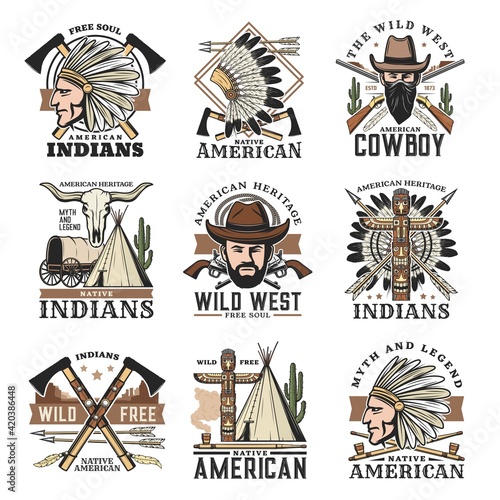 Wild West isolated vector icons set, vintage signs
