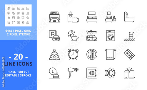 Line icons about hotel. Pixel perfect 64x64 and editable stroke